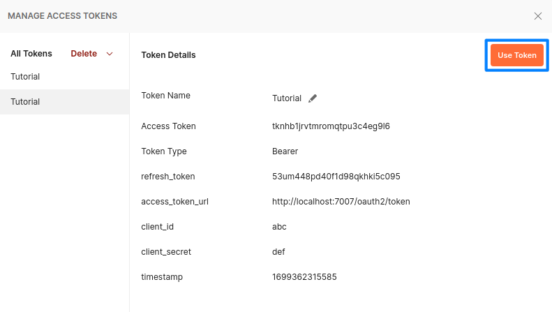 The final modal showing the just created token and the Use Token button